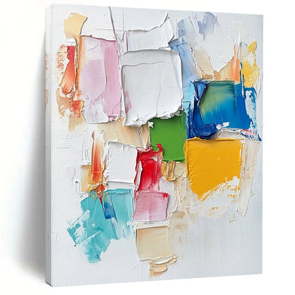 Contemporary hand-painted abstract artwork featuring colorful textures and a collage cityscape, enriched with soft brush strokes and vibrant impasto techniques. DLZ0835