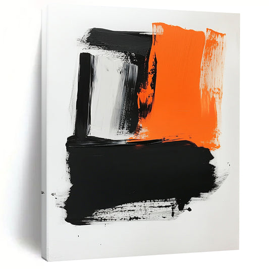 Contemporary hand-painted abstract artwork featuring a white background, vibrant orange and black hues, bold brush strokes, and striking negative space. DLZ0433