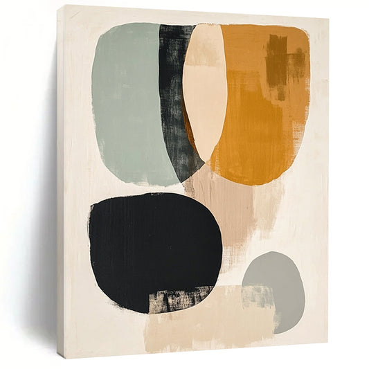 Contemporary hand-painted abstract art featuring muted colors black lines pale yellow circle sage green oval burnt sienna half-circles and gray circle on a white background. DLZ0799