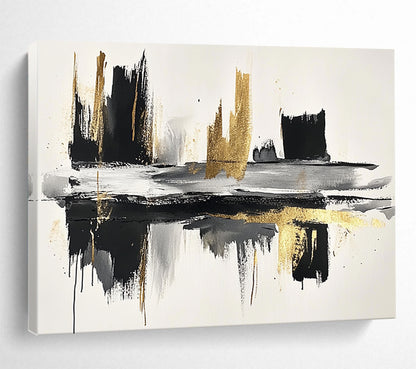 “Black - Gold Brushstroke Reflection” - Black, Gold, Reflective Abstract Cityscape Painting On Canvas HB0792