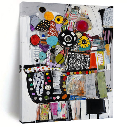 Contemporary abstract painting featuring collage-style car engine crafted from diverse materials in a vibrant palette of colors including black white red and blue. DLZ0953