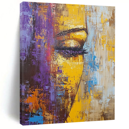 Contemporary hand-painted abstract artwork featuring textured palette knife techniques and vibrant hues of brown yellow purple and blue in an old cityscape. DLZ0581