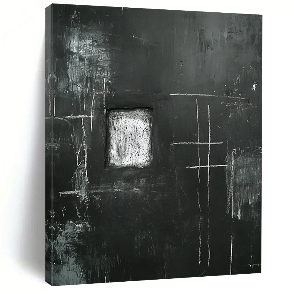 Contemporary abstract art featuring a black wall with eerie white chalk drawings of a cross and window with a central space for personal expression. DLZ1150