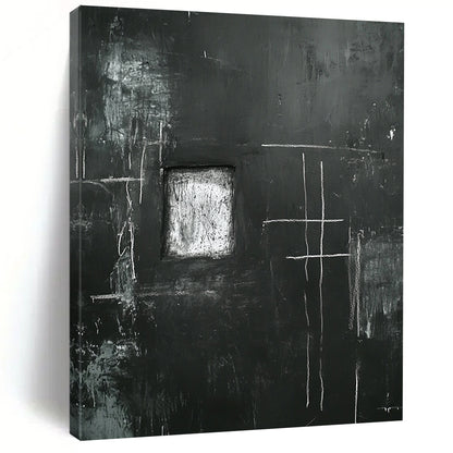 Contemporary abstract art featuring a black wall with eerie white chalk drawings of a cross and window with a central space for personal expression. DLZ1150