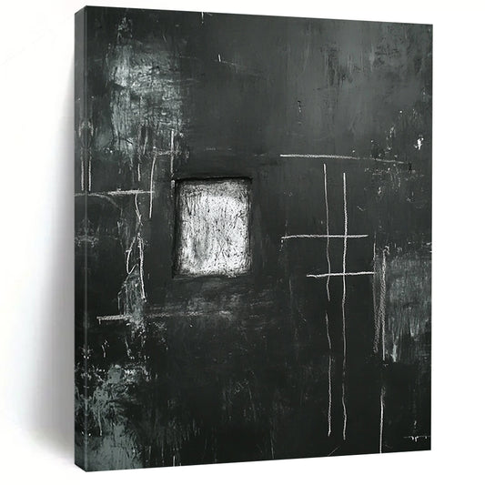 Contemporary abstract art featuring a black wall with eerie white chalk drawings of a cross and window with a central space for personal expression. DLZ1150
