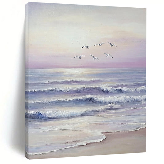 Contemporary hand-painted abstract art featuring serene ocean waves, distant beach, seagulls in flight, and dreamy sunset hues in light purple tones. DLZ1705