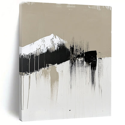Contemporary hand-painted abstract art featuring a single brush stroke in neutral tones with black and white accents emphasizing minimalism. DLZ0971