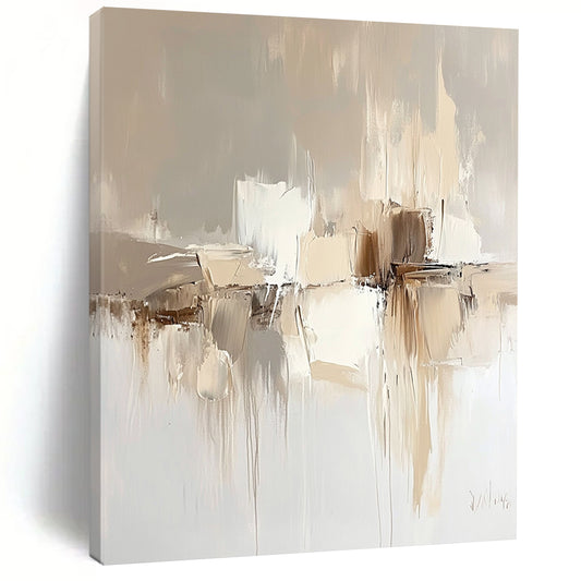 Contemporary hand-painted abstract artwork in soft neutral tones featuring a beige background and elegant fluid shapes that enhance modern interiors. DLZ0287