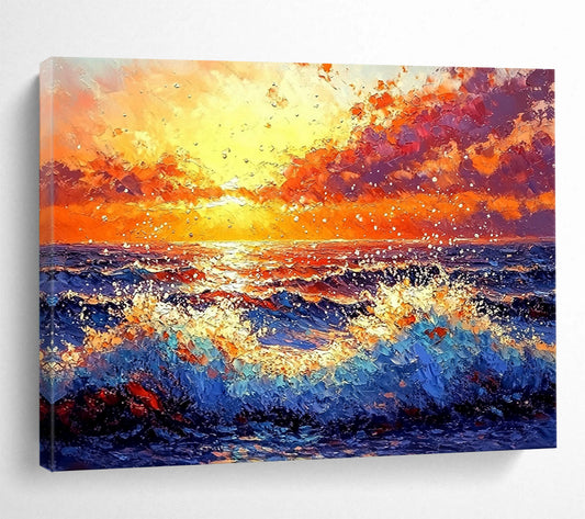 “Vibrant Sunset Ocean Waves” - Orange, Red, Purple, Blue, Crashing Waves - Impasto Oil Painting HB1698
