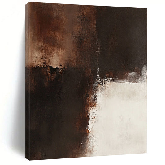 Big contemporary hand-painted abstract artwork featuring a brown and white palette on a beige background with dark bronze details expressing emotional depth and vintage texture. DLZ0566