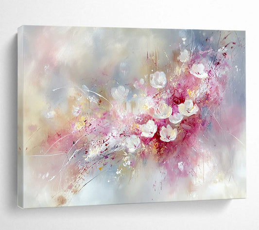 “Blush Floral Burst” - Pink, White, Gray, Abstract Flowers - Oil Painting HB1481