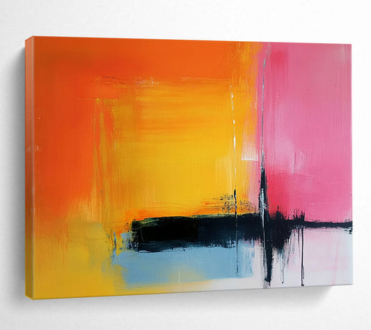 “Orange, Pink, and Blue Abstract Color Blocks” - Orange, pink, blue, yellow, black; Abstract color blocks with drips; Acrylic Painting On Canvas HB1225