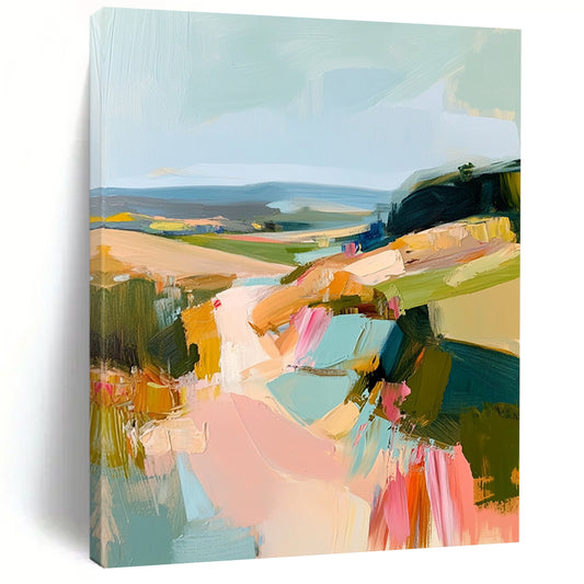 Contemporary abstract oil painting showcasing an Irish landscape with thick brush strokes in muted pastels of teal pink and yellow. DLZ0462