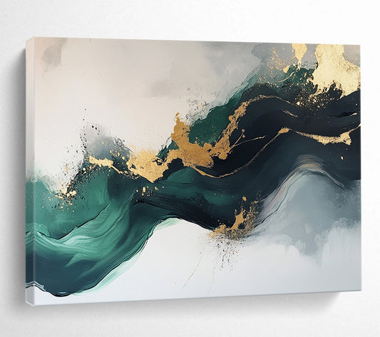 “Elegant Gold and Green Abstract Flow” - Green, gold, gray, white; Abstract fluid shapes with gold accents; Acrylic Painting On Canvas HB1240