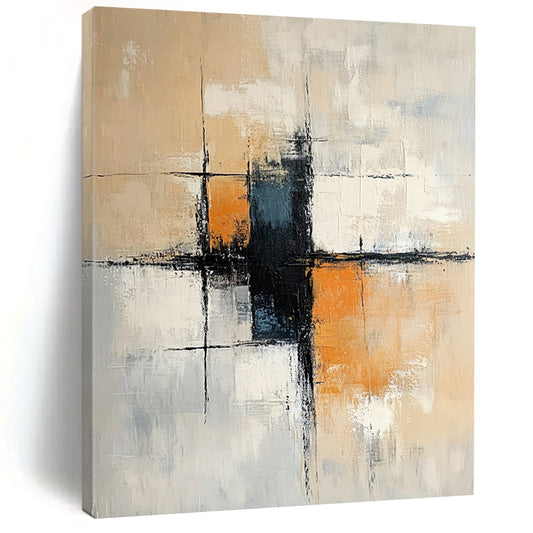 Large contemporary hand-painted abstract art featuring soft neutral tones with orange accents and black elements, incorporating architectural shapes and loose brush strokes. DLZ1058