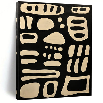 Contemporary hand-painted abstract art featuring bold lines and organic forms on a black background with elegant white isoglyph patterns. DLZ1244
