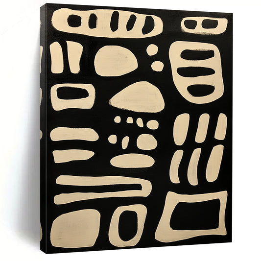 Contemporary hand-painted abstract art featuring bold lines and organic forms on a black background with elegant white isoglyph patterns. DLZ1244
