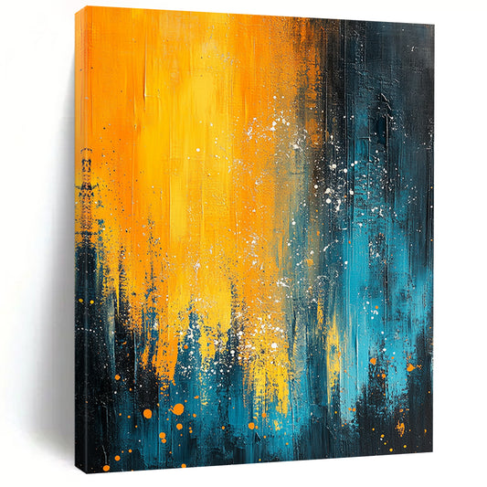 Contemporary abstract painting featuring blue and yellow hues with organic white splashes evokes nature's essence through fluid movement and depth. DLZ0353