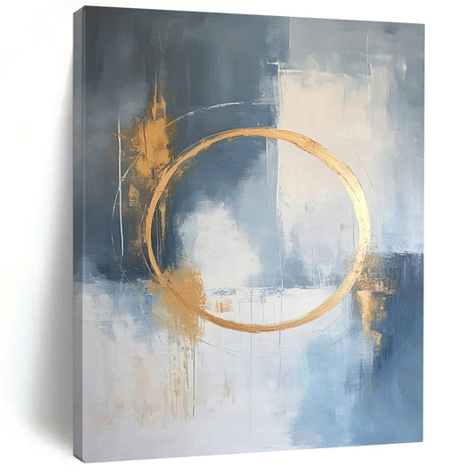 Large contemporary abstract painting features a light blue and white background with gold accents and elegant lines for a high-end aesthetic. DLZ0545