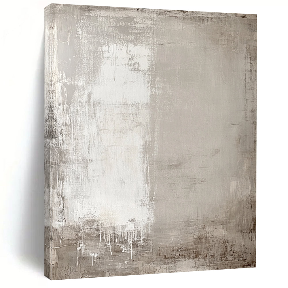 Contemporary hand-painted abstract art featuring soft neutral tones and aged textures with subtle outlines of buildings and trees for depth. DLZ1278