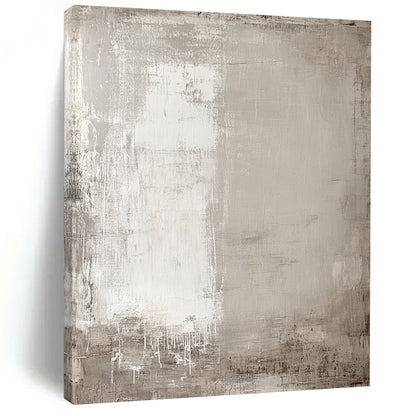 Contemporary hand-painted abstract art featuring soft neutral tones and aged textures with subtle outlines of buildings and trees for depth. DLZ1278