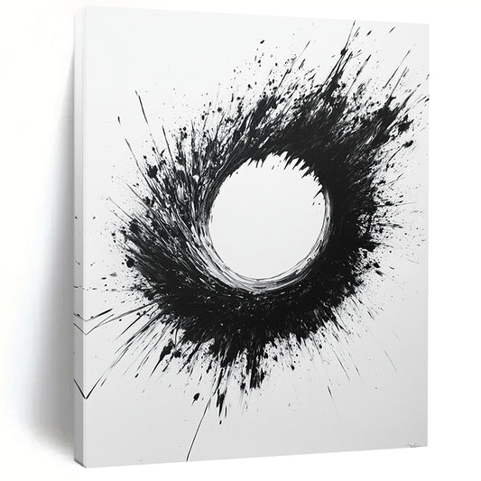 Black and White Splattered Circle "Chaotic Zen" Painting On Canvas HB287