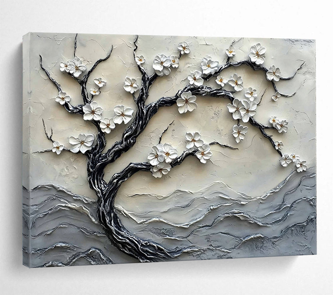 “White Blossom Tree Relief” - Whites, Grays, Textured Tree with Blossoms - 3D Relief Sculpture Painting HB1740