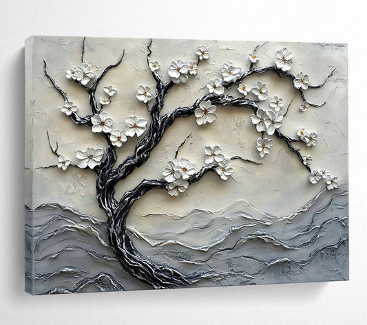 “White Blossom Tree Relief” - Whites, Grays, Textured Tree with Blossoms - 3D Relief Sculpture Painting HB1740