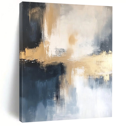 Contemporary hand-painted abstract art featuring gold, white, blue, black, and gray tones on a soft white background, perfect for modern decor. DLZ0436