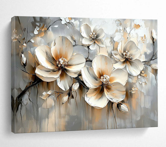 “Beige - Gray Floral Blooms” - Beige, Gray, White, Textured Floral Blooms - Impasto Oil Painting HB1783