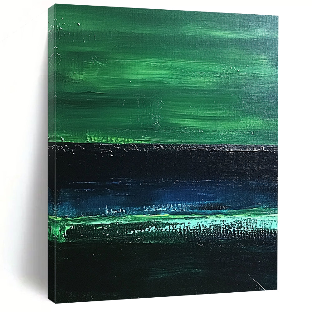 Contemporary abstract painting features textured dark greens and a serene emerald band, evoking calmness reminiscent of dimly lit water reflections. DLZ1242