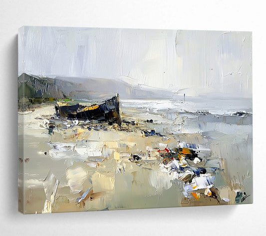 “Beached Boat Impasto Scene” - Browns, Grays, Whites, Boat on Beach - Textured Oil Painting HB1589