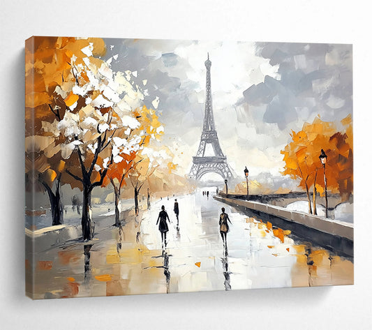 “Autumn in Paris” - Oranges, Grays, Whites, Eiffel Tower and Tree - Lined Path in Autumn - Impressionist Oil Painting HB1715