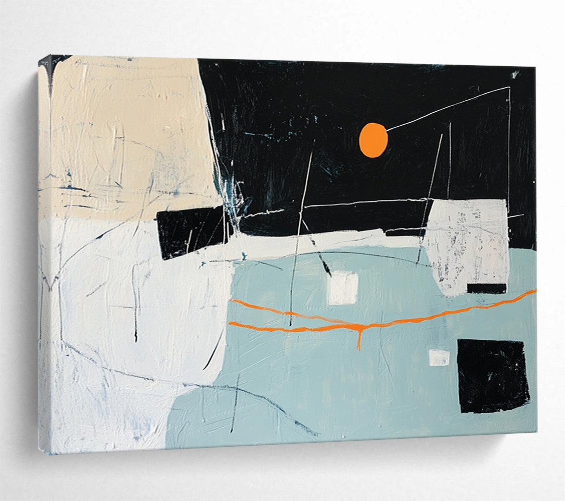 “Abstract Night Sky with Orange Sun” - Black, Orange, White, Blue, Abstract Forms - Painting On Canvas HB1417