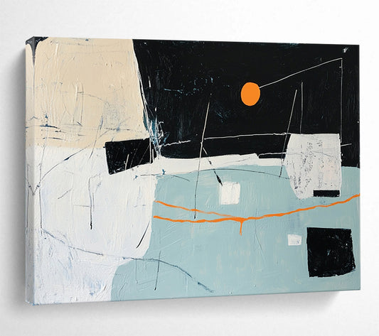 “Abstract Night Sky with Orange Sun” - Black, Orange, White, Blue, Abstract Forms - Painting On Canvas HB1417