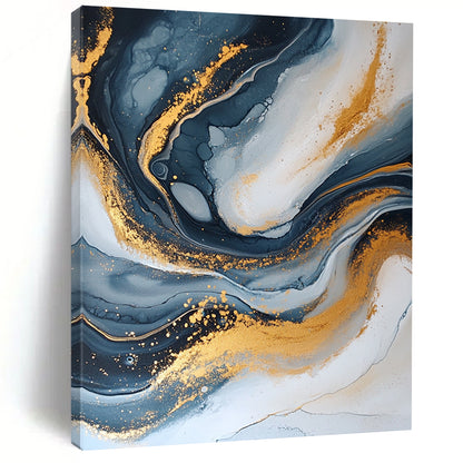 Contemporary hand-painted abstract artwork features dark blue and gold with a crackle effect elegant swirling patterns and glitter accents create depth and beauty. DLZ0329