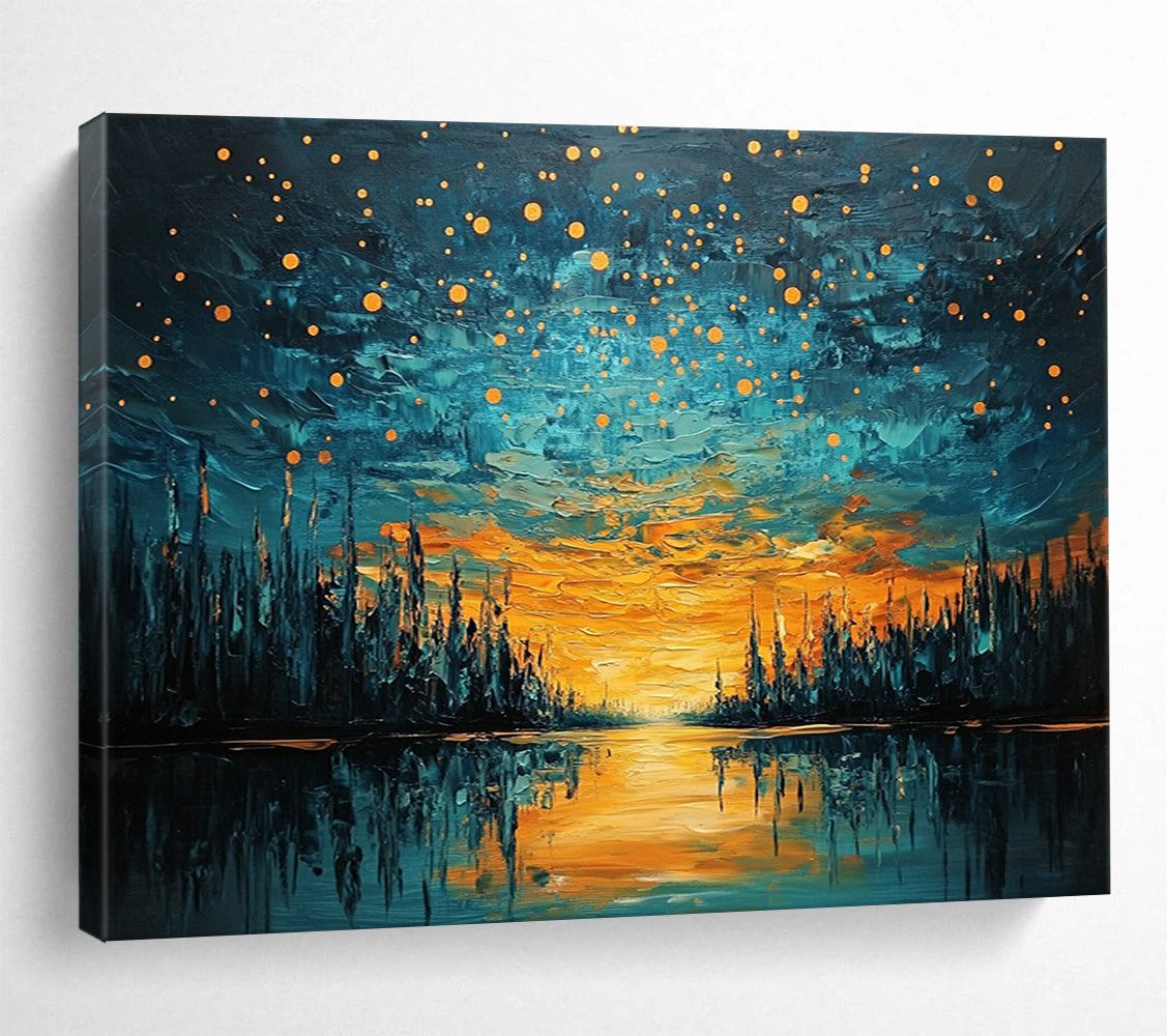 “Starry River Sunset” - Orange, Blue, River & Starry Sky Oil Painting On Canvas HB0719