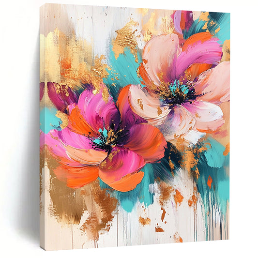Contemporary abstract artwork featuring vibrant pink, orange, and turquoise flowers enhanced with gold leaf splashes, ideal for modern decor. DLZ1263