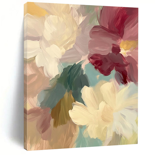 Contemporary abstract painting features loose brush strokes soft colors and large muted flowers creating a vintage dreamy mood with intricate details. DLZ0383