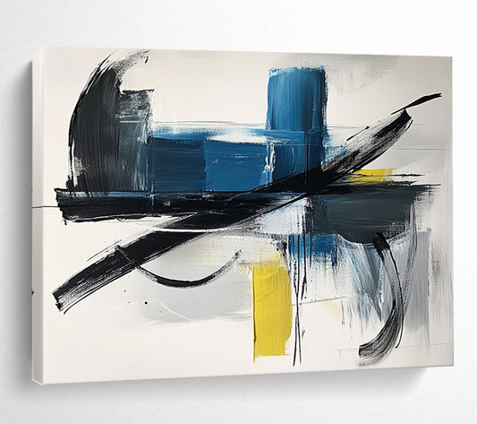 “Blue and Black Dynamism” - Blue, Black, Yellow, Gray, Bold Strokes - Abstract Expressionist Acrylic Painting HB1549