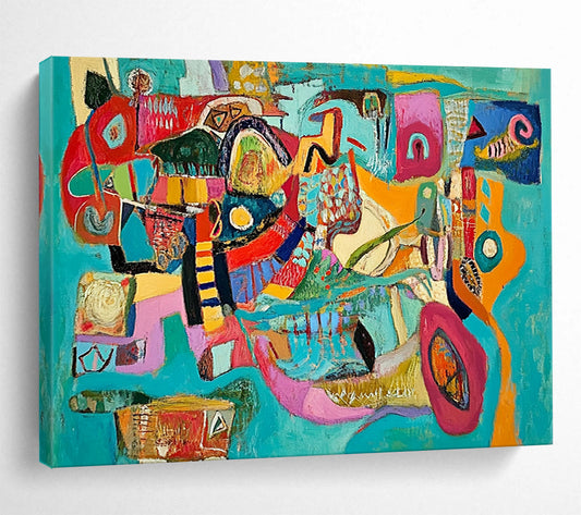 Colorful Turquoise - Based Abstract Collage – Mixed - Media Abstract Shape Painting HB1471