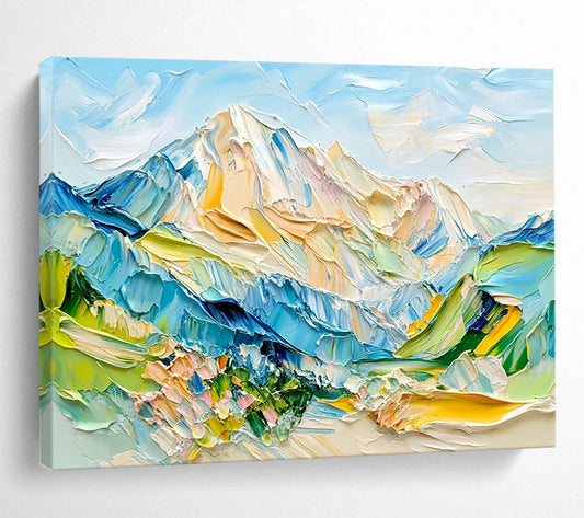 “Color - Drenched Alpine Vistas” - Blue, Green, Yellow, Pink, Lively Mountainscape Painting On Canvas HB1021