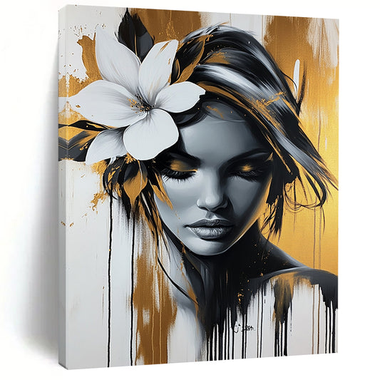 Contemporary abstract artwork featuring an elegant woman with a white flower, gold and black palette, dripping paint effect against a white background. DLZ1404