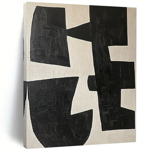 Large contemporary abstract painting featuring black and white shapes on a light beige background highlighting geometric forms and elegant movement. DLZ0509