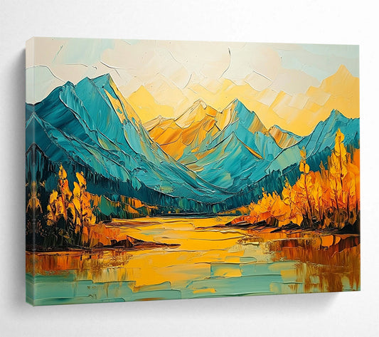 “Vibrant Mountain Reflection” - Blues, Yellows, Oranges, Mountain Lake with Bold Reflections - Impasto Oil Painting HB1714