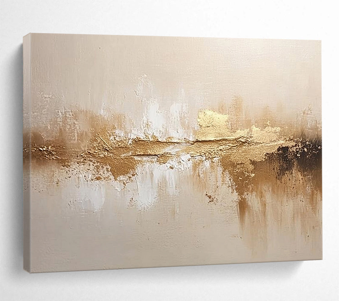 “Golden - Beige Reflective Abstraction” - Gold, Beige, Reflective Textures Painting On Canvas HB0791
