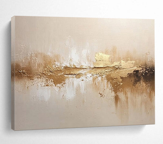 “Golden - Beige Reflective Abstraction” - Gold, Beige, Reflective Textures Painting On Canvas HB0791