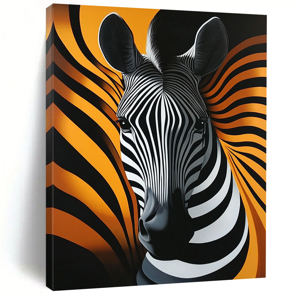 Contemporary abstract artwork featuring a striking zebra head with fluid lines on a vibrant orange background emphasizing elegant shapes and symmetry. DLZ1219