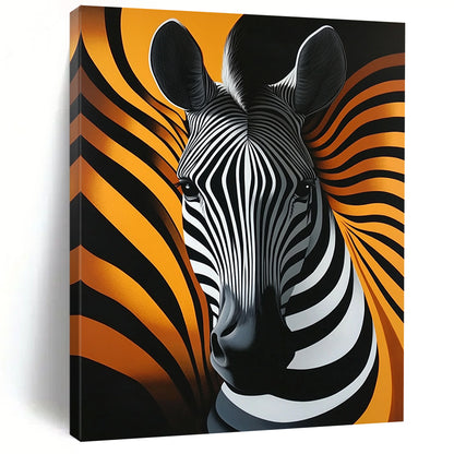 Contemporary abstract artwork featuring a striking zebra head with fluid lines on a vibrant orange background emphasizing elegant shapes and symmetry. DLZ1219