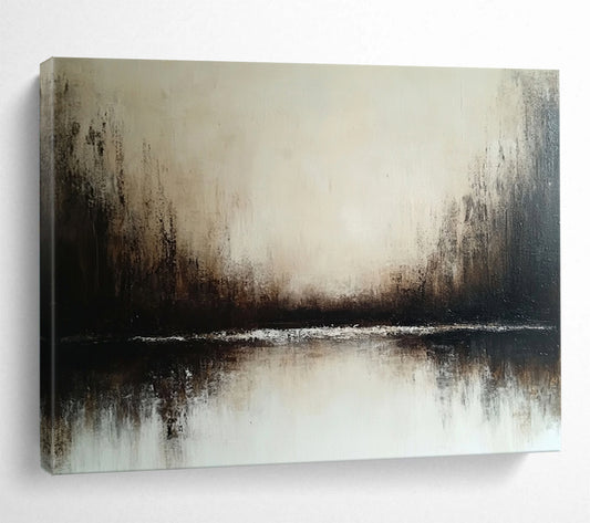 “Misty Landscape in Neutral Tones” - Beige, brown, white; Abstract misty landscape with a reflective body of water; Soft Oil Painting On Canvas HB1203